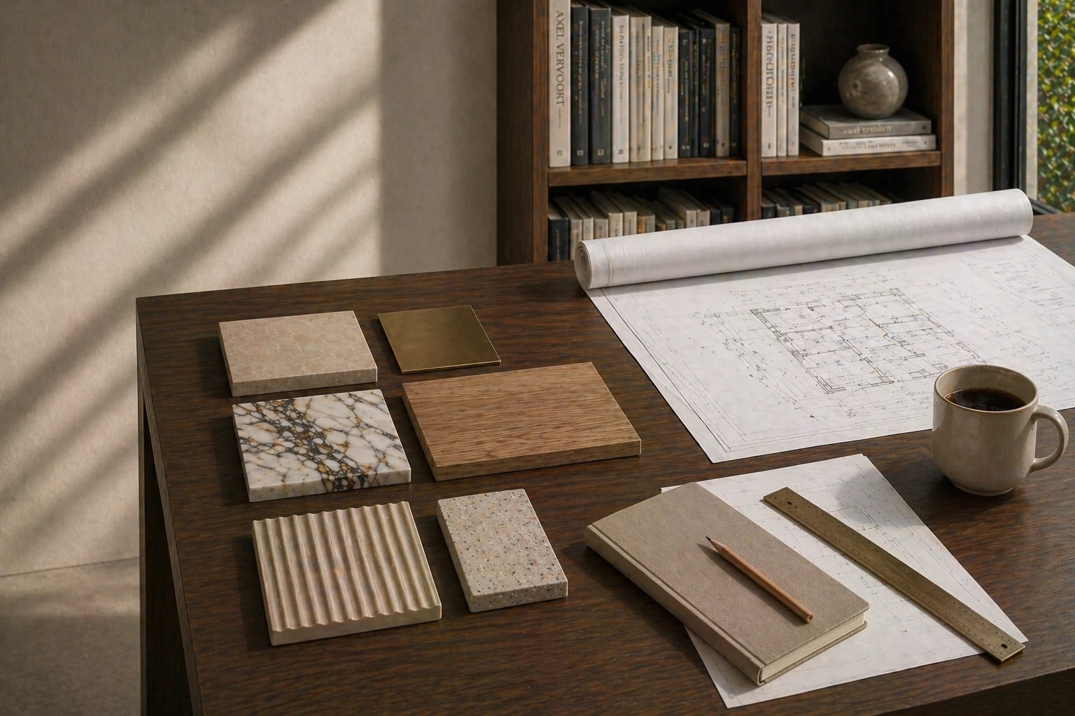 Architect's worktable with material samples, blueprints, and a coffee mug at golden hour